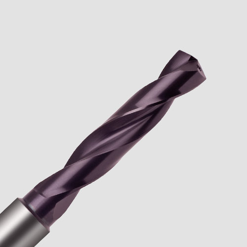 Close-up of an RT 100 U universal drill with purple coating, designed for efficient machining of steel materials