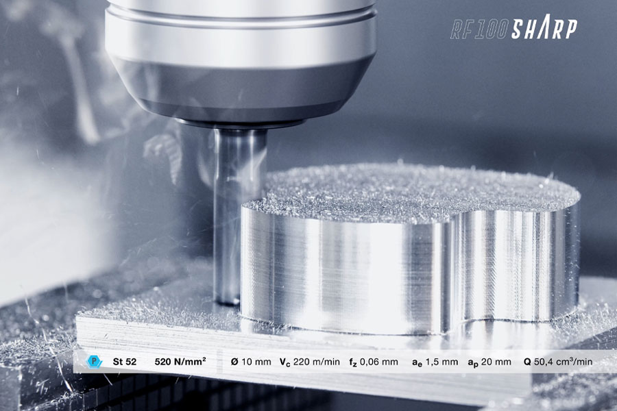 Solid carbide milling cutter during precision milling of a metal cylinder