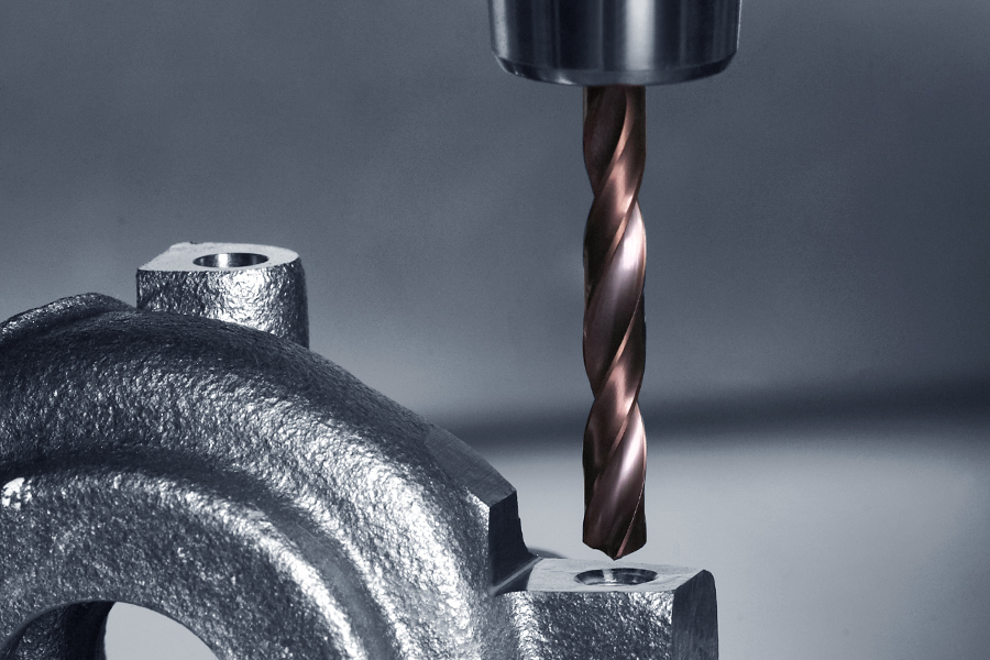 Close-up of a high-quality drill machining a metal workpiece