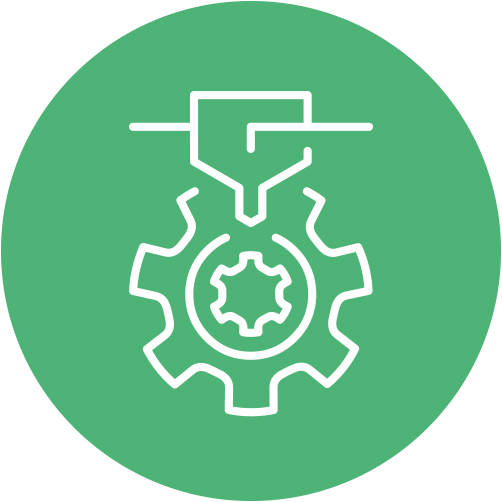 grünes Piktogramm, mit einem Druckkopf und Düsen Symbol, mit einem Zahnrad positioniert