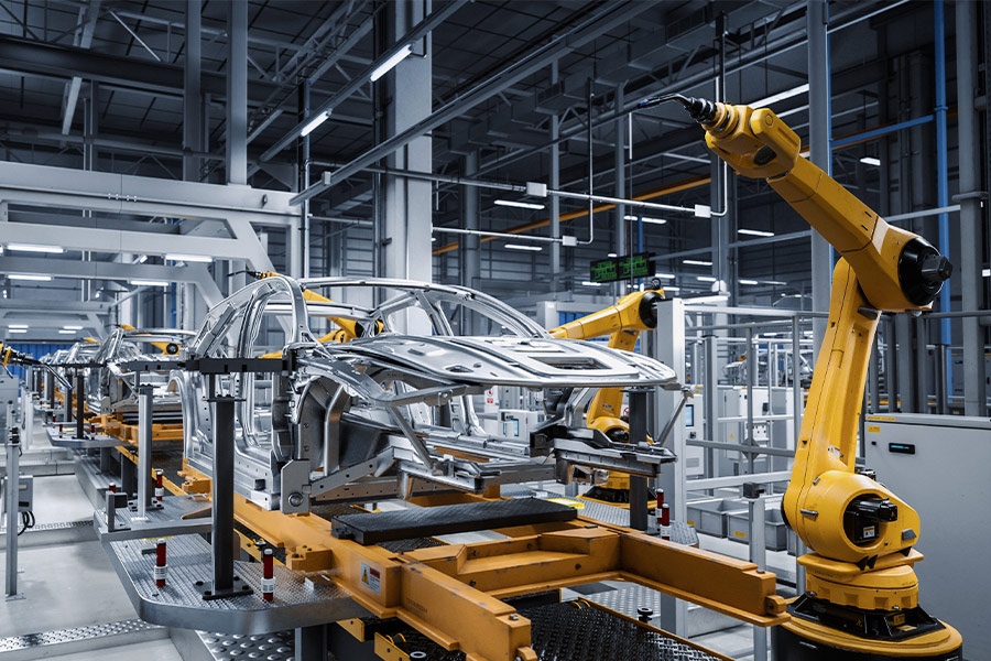 Automated production line in the automotive industry with robotic arms working on a car body