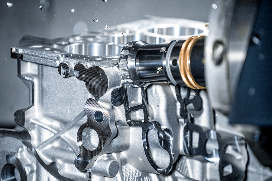 Close-up of a CNC machine in use in mechanical engineering, processing metal parts with high precision