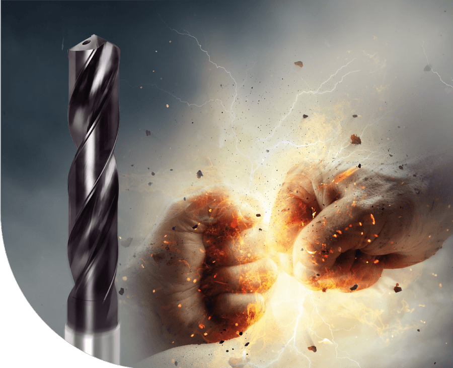 Two hands colliding in an energetic display symbolise the powerful effect of a carbide drill bit.