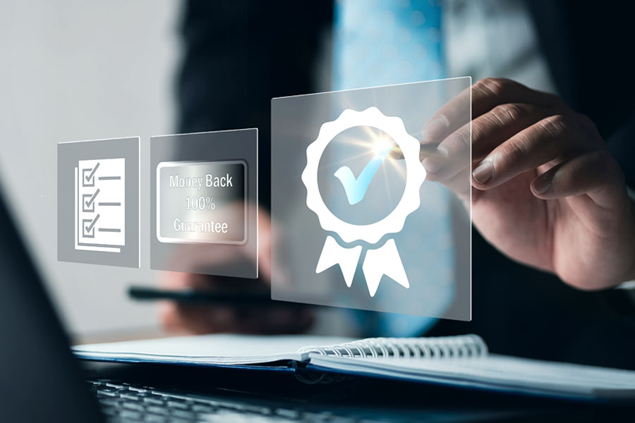 The image shows a quality certificate symbol floating on a transparent digital interface above a laptop.