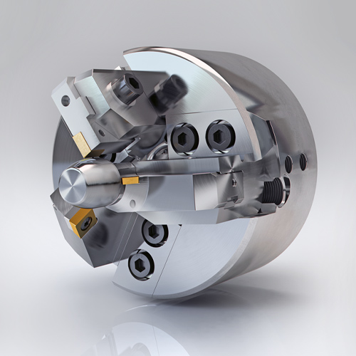 Detailed view of a modern precision lathe chuck equipment with various clamping elements and machining tools, designed for complex metalworking operations