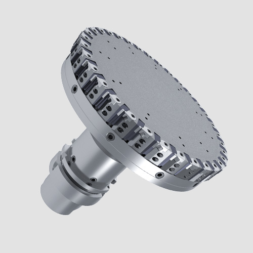 High-precision cutting tool with a large, round cutting surface equipped with several indexable inserts. The tool has a robust holder for use in CNC machines