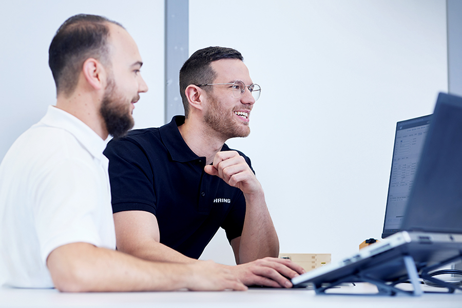 Two employees working together on the computer