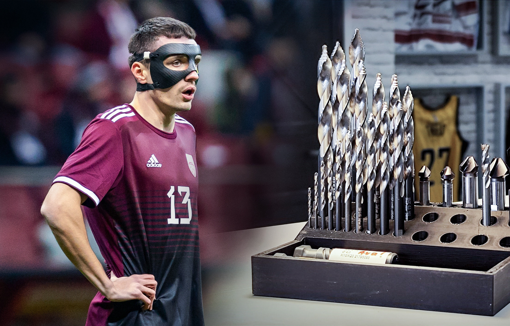 Ein Spieler mit einer Maske, daneben ein Bohrersatz von Gühring